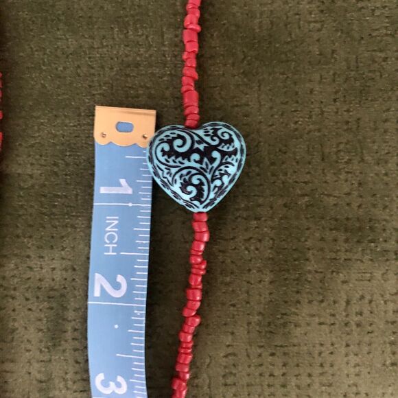 Vintage Zuni Beaded Necklace Red Seed Glass Beads Blue Heart Beads - Picture 5 of 5